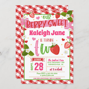 Aardbei 2e verjaardag uitnodiging - Gingham