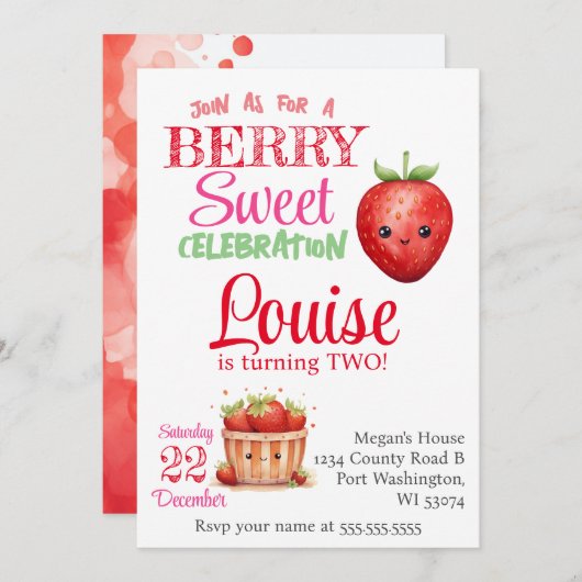 Aardbei 2e Verjaardagsfeestje Berry Kids Verjaarda Kaart (Voorkant / Achterkant)