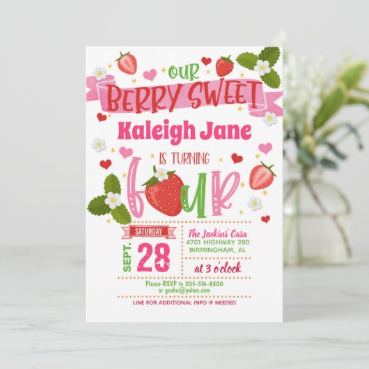 Aardbei 4e verjaardag uitnodiging (Staand voorkant)