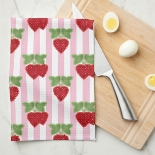 Aardbei-appliqué op gestreepte achtergrond retro theedoek