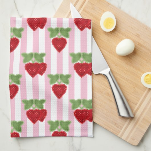 Aardbei-appliqué op gestreepte achtergrond retro theedoek (Quarter Fold)