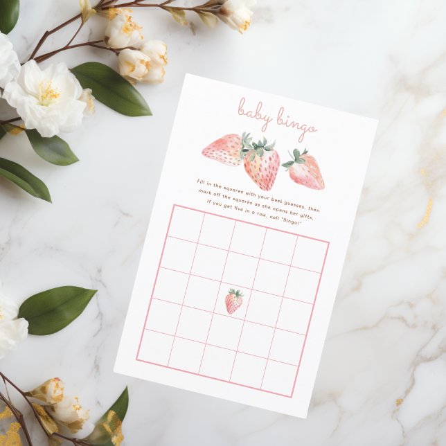 Aardbei Baby Bingo spel Berry Sweet Baby shower (berry sweet baby shower bingo game with pink coquette watercolor strawberries)