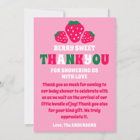 Aardbei Baby Meisje Douche Berry Zoet Bedankkaart (Voorkant)