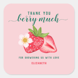 Aardbei Baby shower dank u Berry Much Custom Vierkante Sticker