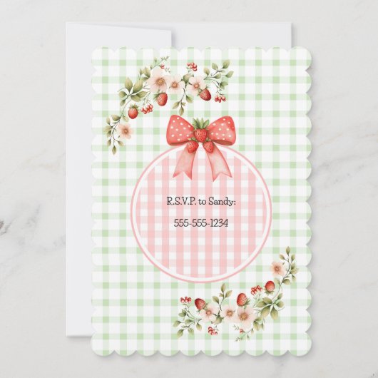 Aardbei Baby shower Uitnodiging - Green Gingham (Achterkant)