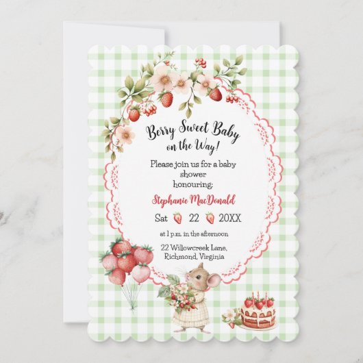 Aardbei Baby shower Uitnodiging - Green Gingham (Voorkant)