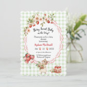 Aardbei Baby shower Uitnodiging - Green Gingham (Staand voorkant)