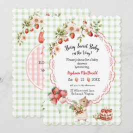 Aardbei Baby shower Uitnodiging - Green Gingham