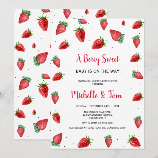 Aardbei Baby shower uitnodiging | Zoet bessen (Voorkant / Achterkant)