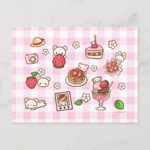 Aardbei Beer Kawaii Malse Snoepjes Roze Gingham Briefkaart