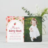 Aardbei Berry Eerste Foto Verjaardagsfeest Kaart (Staand voorkant)