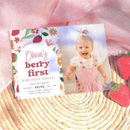 Aardbei Berry Eerste Foto Verjaardagsfeest Kaart