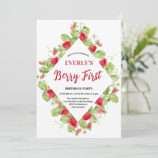 Aardbei Berry Eerste Meisje 1e Verjaardag Kaart (Staand voorkant)