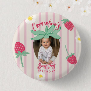 Aardbei Berry Eerste Verjaardag Knop met Foto Ronde Button 3,2 Cm