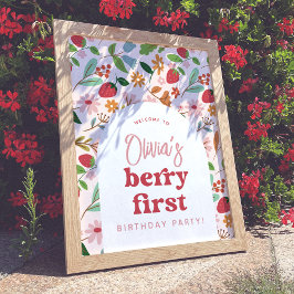 Aardbei Berry Eerste Verjaardagsfeest Welkomstbord Poster