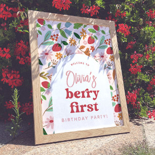 Aardbei Berry Eerste Verjaardagsfeest Welkomstbord Poster