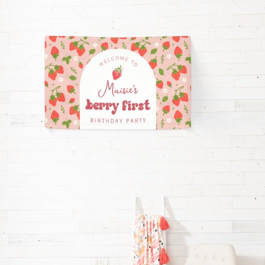 Aardbei Berry Eerste Verjaardagsfeestje Achtergron Spandoek (Insitu)