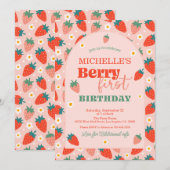 Aardbei Berry First 1e Birthday Invitation Kaart (Voorkant / Achterkant)