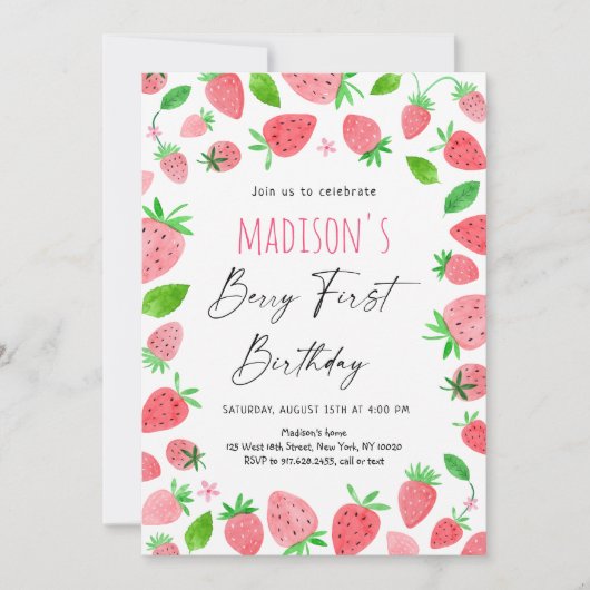 Aardbei Berry First Birthday Kaart (Voorkant)