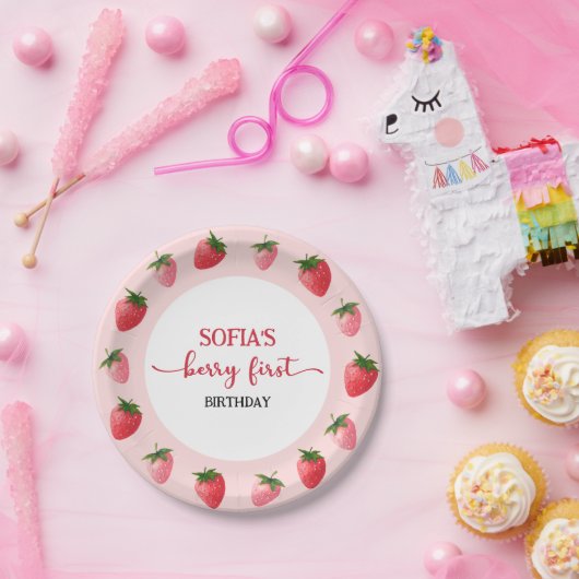 Aardbei Berry First Birthday Papieren Bordje (Feest)