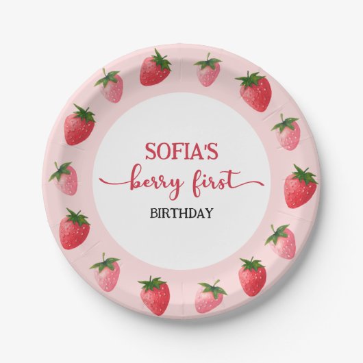 Aardbei Berry First Birthday Papieren Bordje (Voorkant)