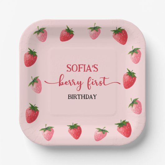 Aardbei Berry First Birthday Papieren Bordje (Voorkant)