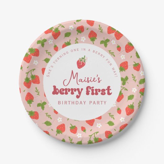 Aardbei Berry First Birthday Party Papieren Bordje (Voorkant)