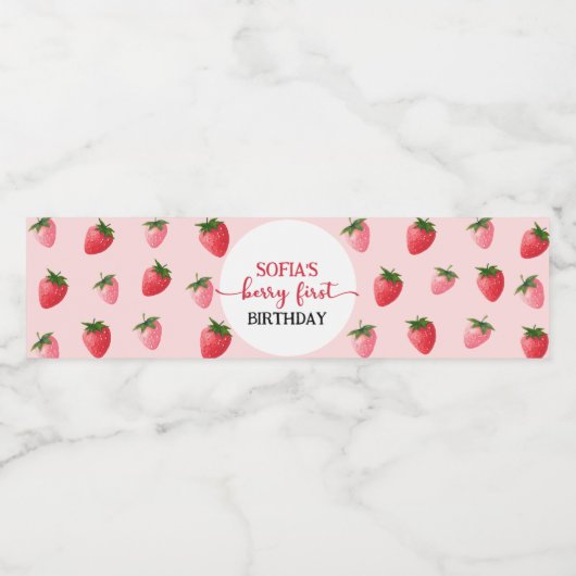 Aardbei Berry First Birthday Waterfles Etiket (Enkel label)