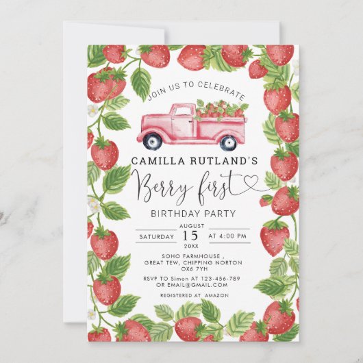 Aardbei Berry First Girl 1e verjaardag Kaart (Voorkant)