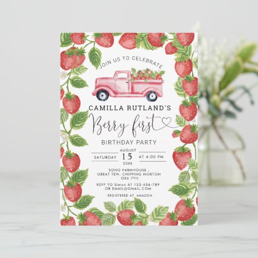 Aardbei Berry First Girl 1e verjaardag Kaart (Staand voorkant)