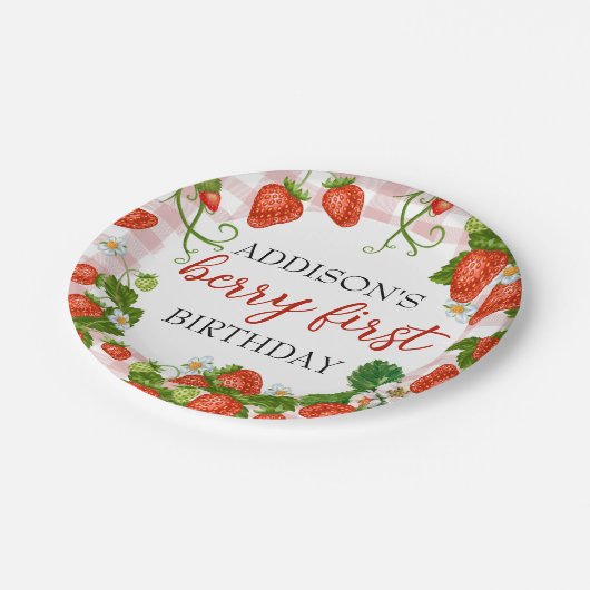 Aardbei Berry First Girl 1e verjaardag Papieren Bordje (Gekanteld)