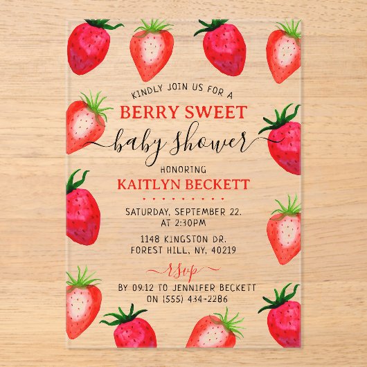 Aardbei Berry Sweet Baby shower Acryl Uitnodigingen (Voorkant)