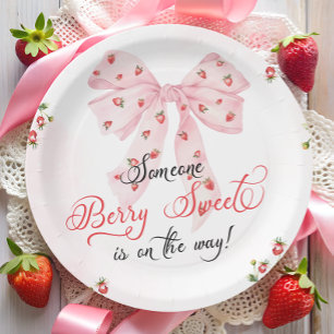 Aardbei Berry Sweet Blush Pink Bow Baby shower Papieren Bordje