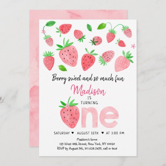 Aardbei Berry Sweet First Birthday Kaart (Voorkant / Achterkant)