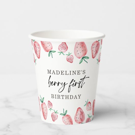 Aardbei Berry Sweet Girl First Birthday Paper C Papieren Bekers (Voorkant)