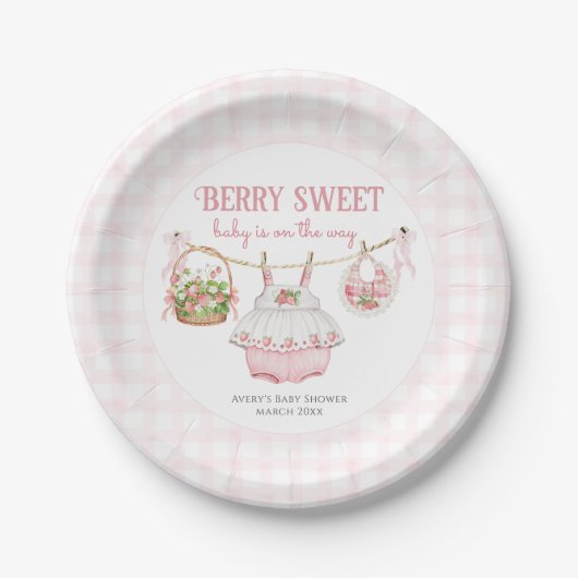 Aardbei Berry Sweet Modern Baby Meisje Douche Papieren Bordje (Voorkant)