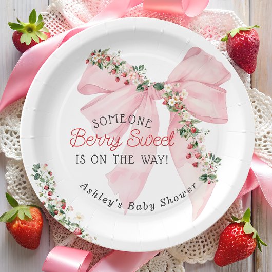 Aardbei Berry Sweet Pink Bow Baby shower Papieren Bordje