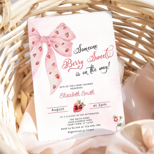 Aardbei Berry Sweet Pink Bow Schattige Baby shower Kaart