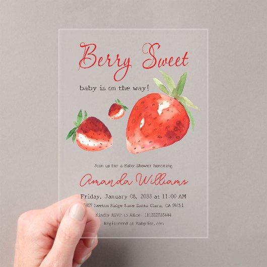 Aardbei Berry Sweet Red Waterverf Baby shower Acryl Uitnodigingen (Insitu (Draagbaar))