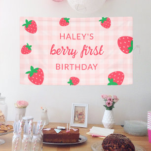 Aardbei Bes Eerste 1e Cute Baby Roze Verjaardag Spandoek
