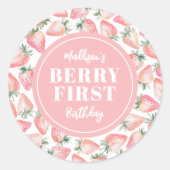 Aardbei Bes Eerste 1e Verjaardagsfeestje Ronde Sticker (Voorkant)