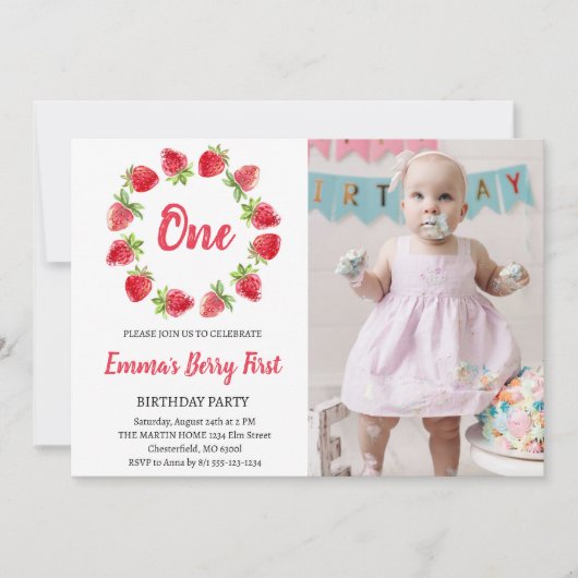 Aardbei Bes Eerste 1e Verjaardagsfoto Kaart (Voorkant)