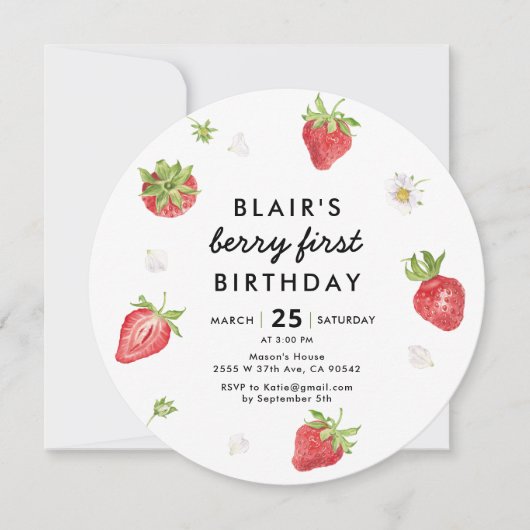 Aardbei Bes Eerste Meisje 1e Verjaardag Rond Kaart (Voorkant)