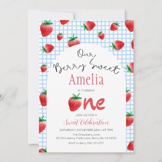 Aardbei Bes Zoete Eerste Verjaardagsuitnodiging Kaart (Voorkant)