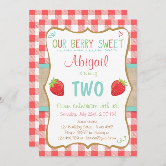 Aardbei Birthday Invitation Summer Party Girl Kaart (Voorkant / Achterkant)