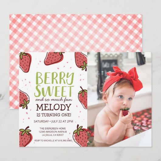 Aardbei Birthday Party - Berry Sweet Party Inv Kaart (Voorkant / Achterkant)