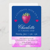 Aardbei Birthday Party Girl Pink and Dark Blue Bedankkaart (Voorkant / Achterkant)