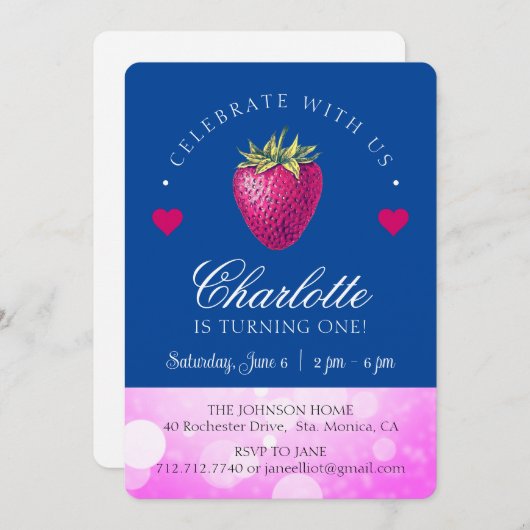 Aardbei Birthday Party Girl Pink and Dark Blue Bedankkaart (Voorkant / Achterkant)