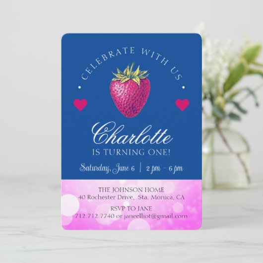 Aardbei Birthday Party Girl Pink and Dark Blue Bedankkaart (Staand voorkant)