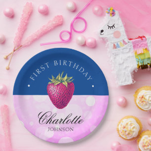 Aardbei Birthday Party Girl Pink and Dark Blue Papieren Bordje